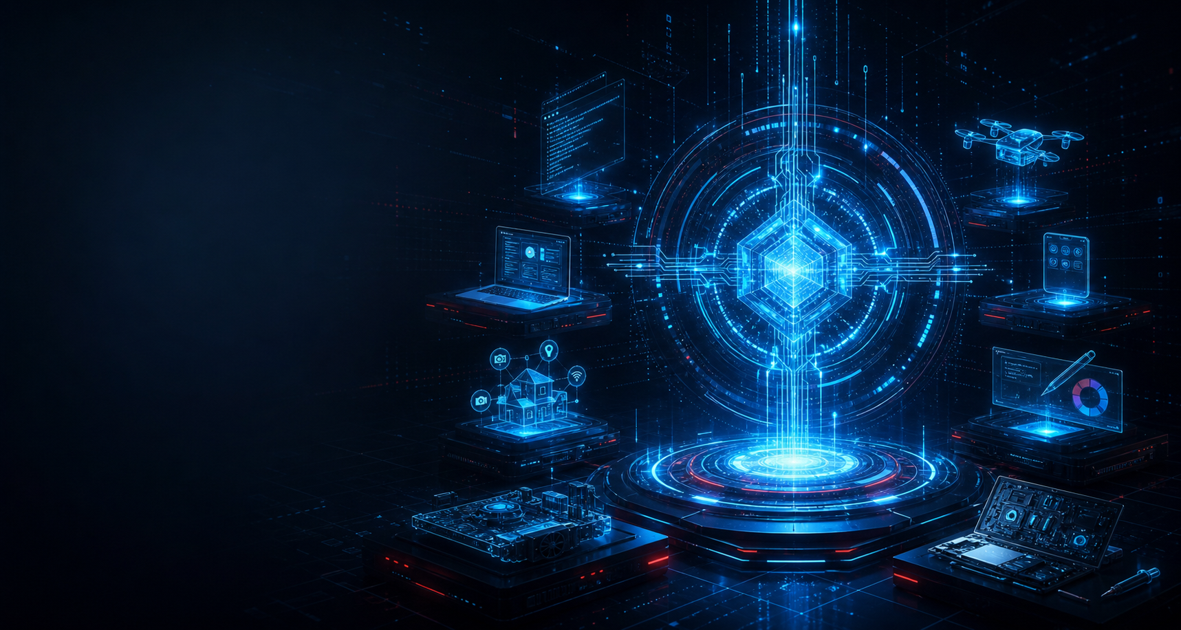Abstract neon AI core surrounded by digital engineering systems